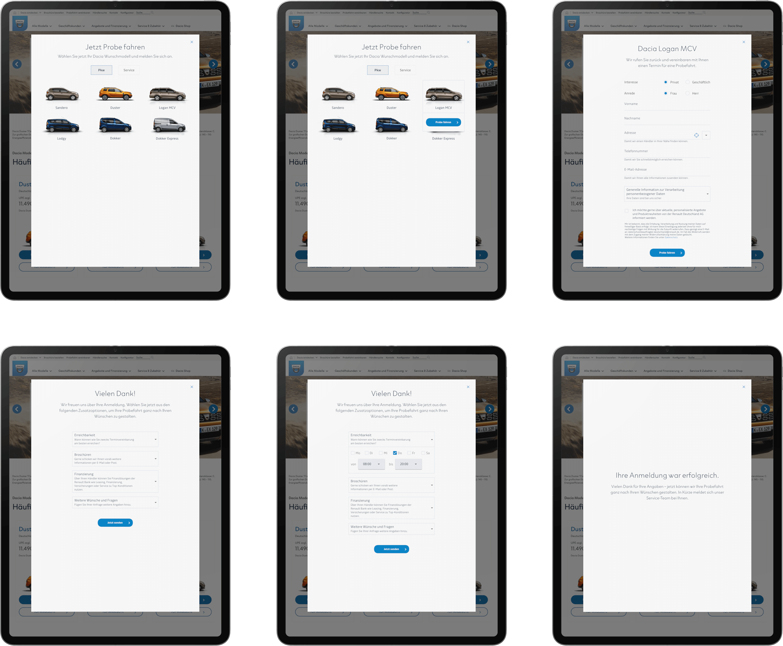 Tablet devices show the different screens